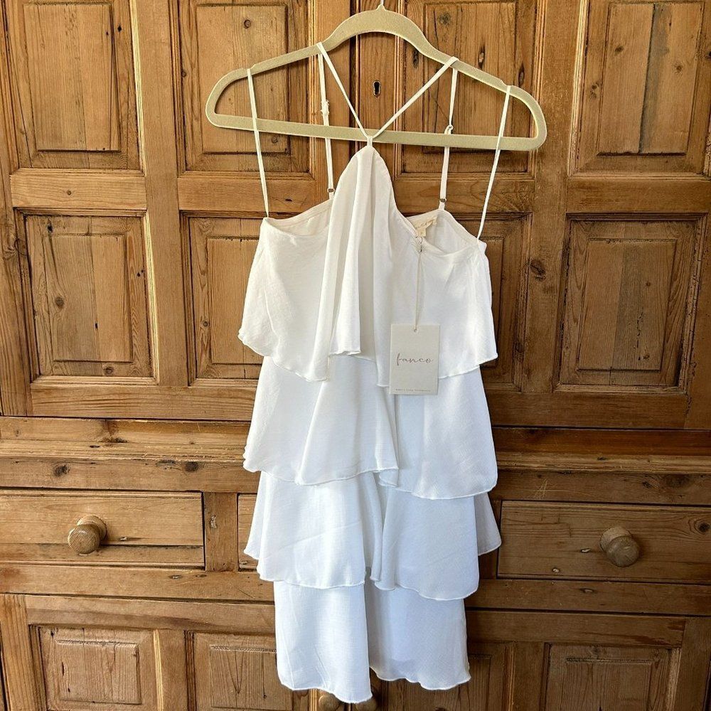 Fanco Shop Small White Tank Top Dress Ruffle Layered Y Neck Strappy Festival NEW